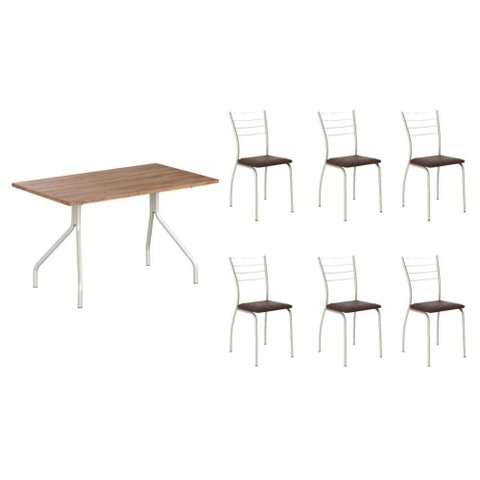 Conjunto: Mesa de Cozinha 1556 Aço 136cm + 6 Cadeiras 1700 Prata/Freijo - Prata/Corano Cacau -
