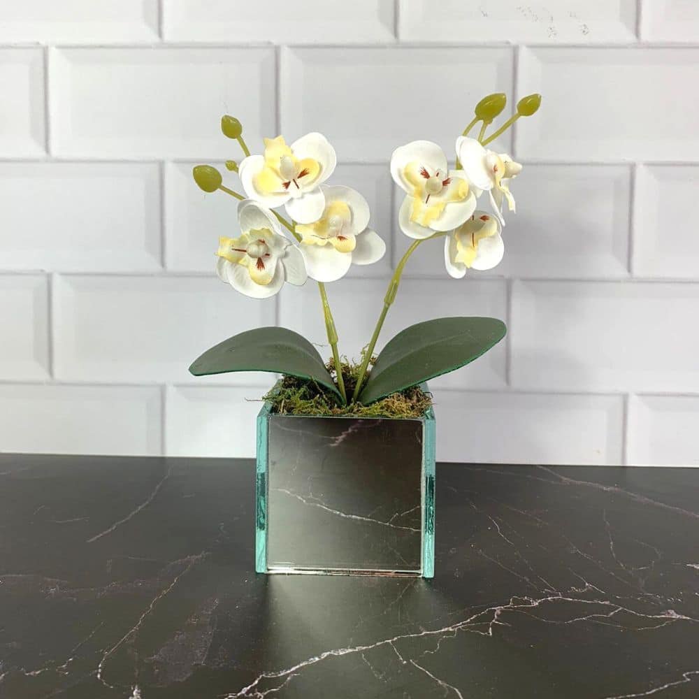 Arranjo de Orquídea Artificial Com Vaso de Vidro Espelhado:Branca - 3