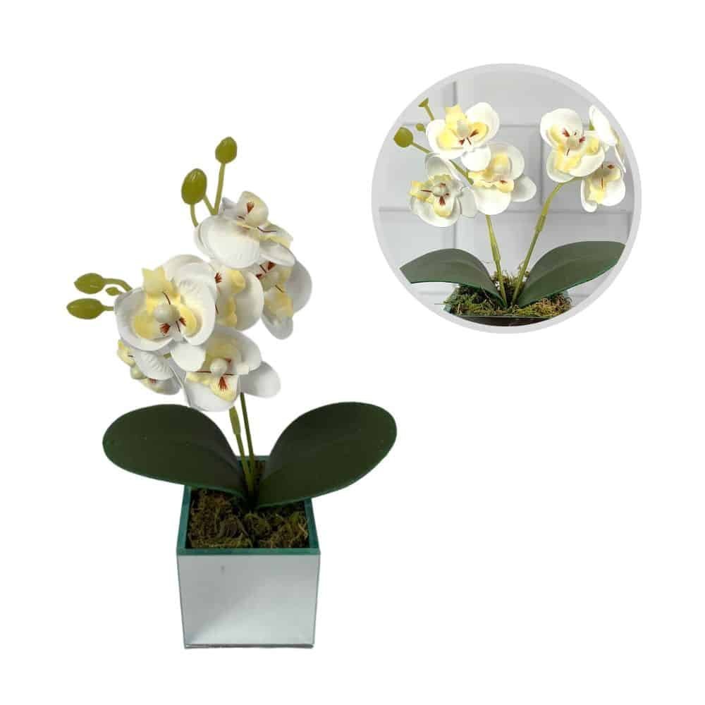 Arranjo de Orquídea Artificial Com Vaso de Vidro Espelhado:Branca - 1