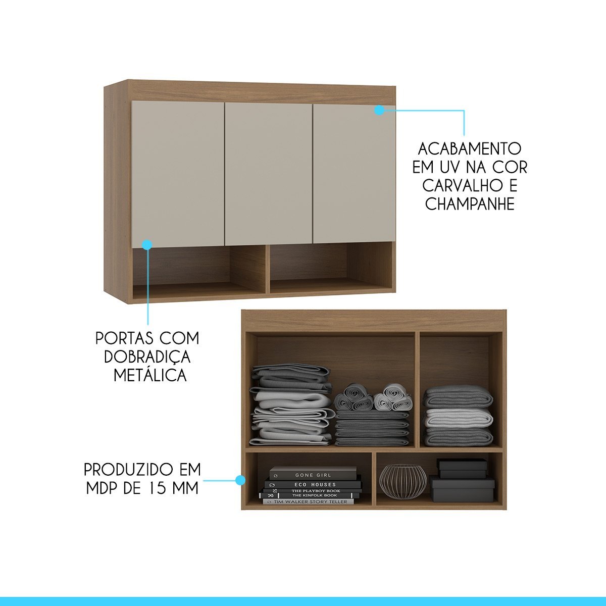 Armário Aéreo Guarda Roupa Modulado Selene 3 Portas 90x68 Cm Mdp Carvalho 6002 Menu - 2