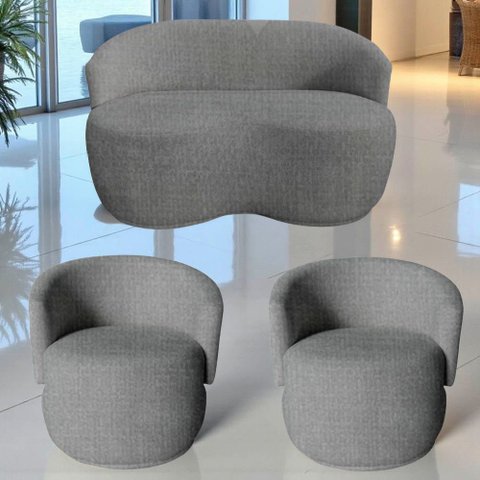 Kit Namoradeira + 2 Poltronas Decorativa Beatriz Orgânica Linho Cinza