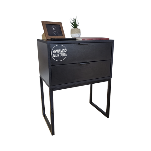 Mesa de Cabeceira Preta Eco Industrial 50cm 2 Gavetas Base Ferro Preta - Puxador Preto - Já Montado