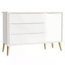 Ver imagem 1 de Cômoda Infantil Theo 1 Porta e 3 Gavetas Branco Fosco com Pés Madeira Natural - Reller Móveis