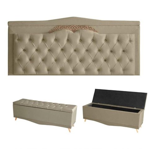Kit Barcelona Cabeceira de Cama Painel e Calçadeira Baú King 195 Cm Suede Bege do Lar Móveis e