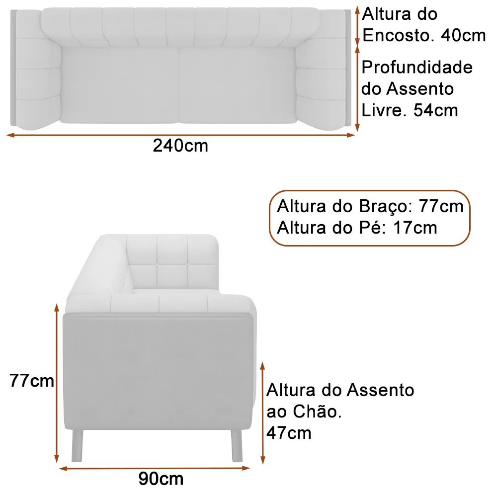 Sofá 3 Lugares 240cm Coin Pu Caramelo | Linho Cinza Claro - Sallar Home - 5