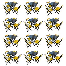 Kit 12 Mesas de Madeira Dobrável Preto 70x70 com 4 Cadeiras Dobráveis Amarelo - 1