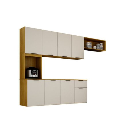 Cozinha Compacta Nara 193 cm Suspensa com Nichos Organizadores Cinamono/Off White