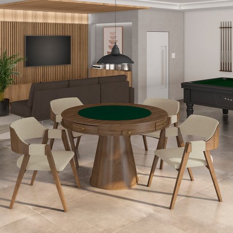Kit 5 Cadeiras Sala de Jantar e Jogos Carteados Madeira Maciça Poker Linho Offwhite/nogueira G42 - G