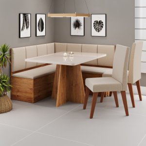 Conjunto Canto Alemão Baú Prestigio Mesa 120x80cm e 2 Cadeiras Milão Mel/off White/linho Bronze - Ca