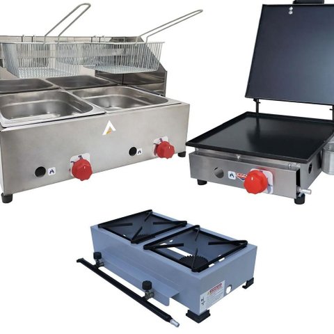 Kit Lanchonete Fogão Portátil 2 Bocas + Chapa 30cm com Prensa e Fritadeira Profissional 2 Cubas