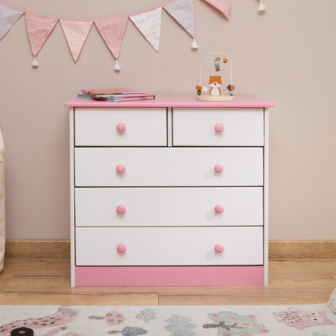 Cômoda Madeira Grande 5 Gavetas Rondo Branco Rosa Idimex