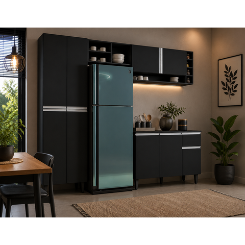 Cozinha Modulada 230cm 5 Portas 5 Prateleiras 1 Gaveta 8 Nichos Vanessa Preto Fosco - AJL Móveis