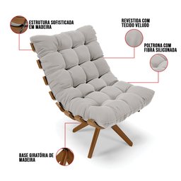 Poltrona Giratória Costela Veludo Cinza Base Madeira MA25 - D'Rossi - 7