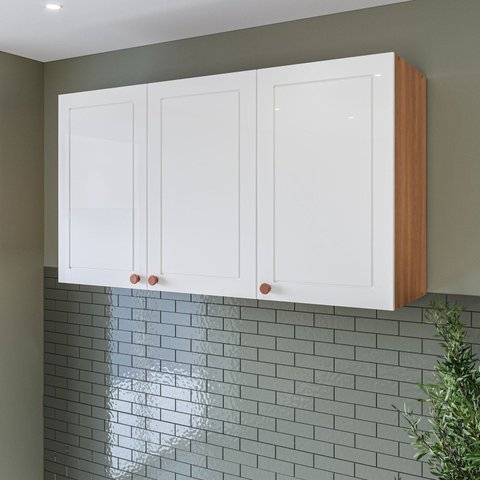 Armário Aéreo 3 Portas 120 cm Pérola Yescasa Branco/Freijó