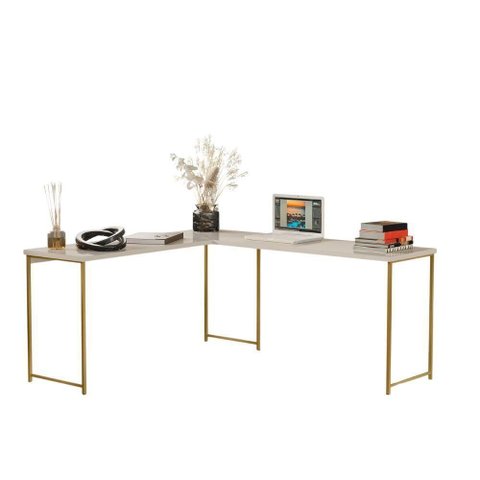 Mesa em L sem Prateleira Office em Mdf Industrial Klm Store Dourado/off White