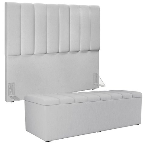 Kit Cabeceira Cama Box Casal 140cm com Calçadeira Recamier Baú Dália W01 Linho Cinza - Lyam