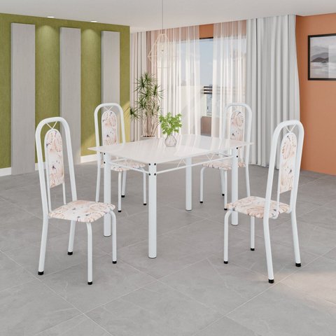 Conjunto Sala de Jantar com 4 Cadeiras Lara Branco/Bege