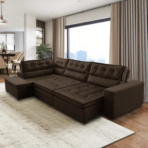 Sofá de Canto Retrátil e Reclinável com Molas 3,00x2,00 Marília Suede Marrom Rover & Beato