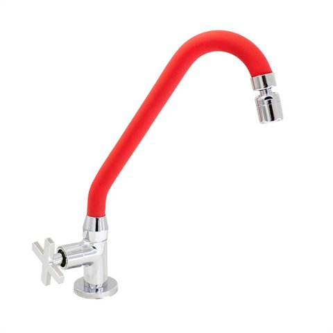 Torneira de Cozinha Gourmet Vermelho Mesa Bica Móvel Inox Silicone Arejador Articulado 1/4 de Volta