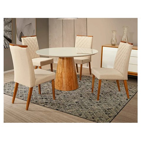 Mesa De Jantar Cone Tampo Redondo 100 cm Com Vidro Off White + 4 Cadeiras Ana Creme