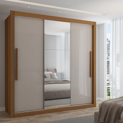 Guarda-roupa Casal Cardiff 3 Portas 4 Gavetas com Espelho Cinamomo/off White - Panorama Móveis