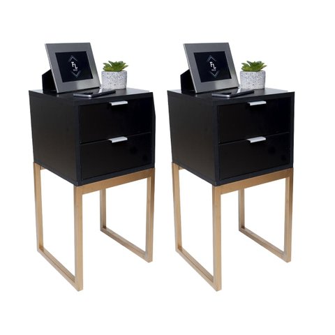 Kit 2 Mesas Cabeceira Industrial 30cm Preto Eco 2 Gavetas Base Metal Dourado Lateral Cama