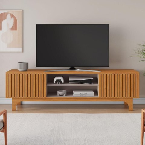 Rack para TV até 70 Polegadas com 2 Portas Ripadas e Nichos Multimóveis Crjcm-RCK005 Cinamomo/Off