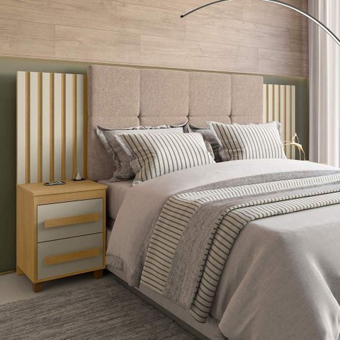 Cabeceira Casal Extensível com 2 Mesas de Apoio Ripado e Estofado Cinamomo com Off White Suíça -