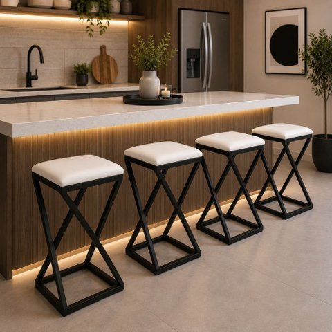 Kit 4 Banqueta Metal Moderno Balcão Bancada Cozinha Bistrô Couro Sintético