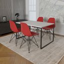 Ver imagem 1 de Mesa Industrial Base Ferro Preto 137x90 Tampo Branco 4 Cadeiras Eiffel Ferro Preto Assento Vermelho