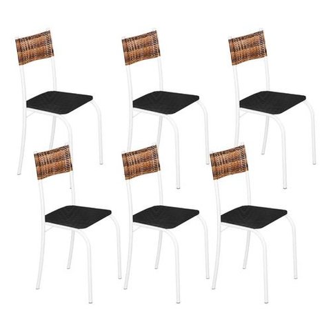 Kit 6 Cadeiras Atlanta Corino Tempest Preto e Rattan Carvalho Tubo Branco