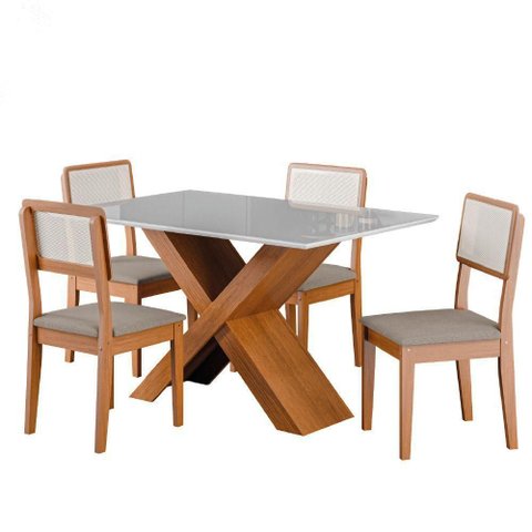 Conjunto de Mesa Sala de Jantar Grécia 1,36m com Tampo de Vidro e 4 Cadeiras Santiago – Dobuê -