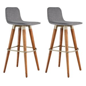 Kit 2 Banquetas Altas Luxo Linea Aço Champanhe Linho Cinza Base Carvalho