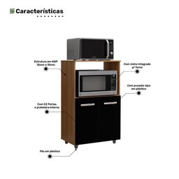 Armário Multiuso Cozinha para Forno Micro-ondas Thaís 02 Portas Savana Preto - Desk Design - 5