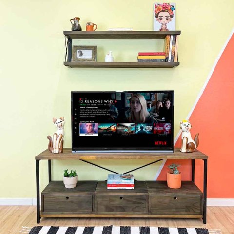 Rack de Tv Industrial de Ferro e Madeira Style Square 3 Nichos Uno com Gaveta Tabaco e Preto
