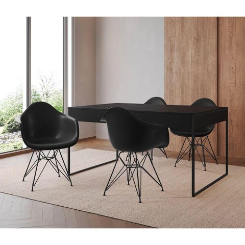 Mesa Jantar Industrial Preta 137X90Cm Com 4 Poltronas Pretas Base Ferro Pret Cor: Preto