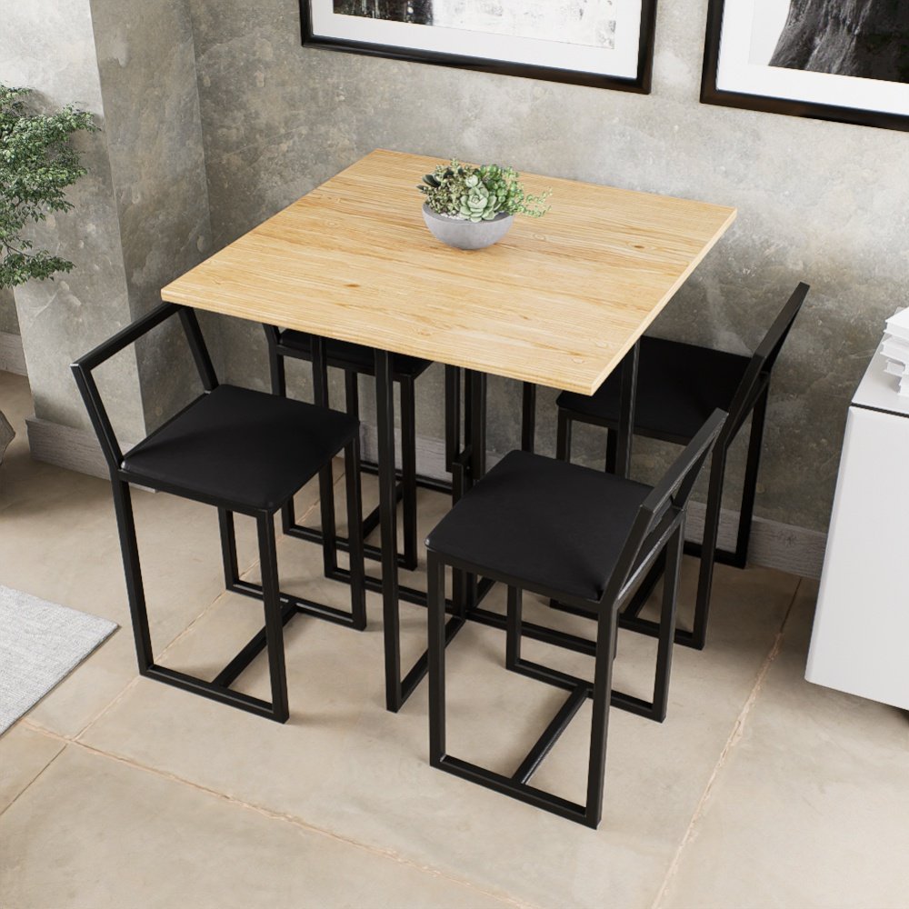 Conjunto Mesa Pinus 4 Cadeiras Estofado Industrial Black