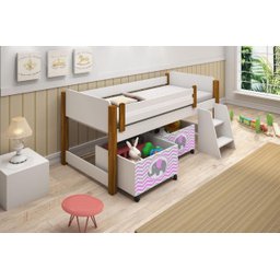 Cama Alta Solteiro com Baús Elefante Rosa e Escada - 1
