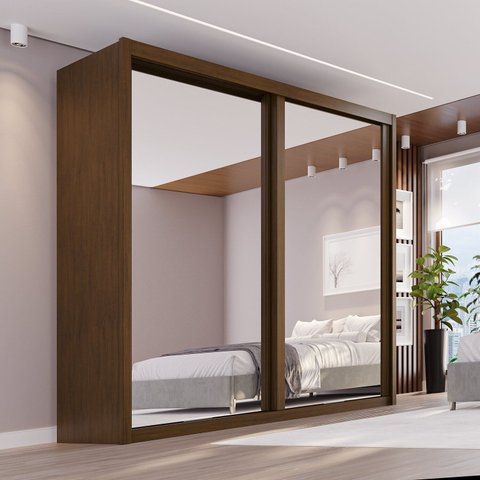 Guarda Roupa Casal 2 Portas Espelhadas de Correr 3 Gavetas Pietro Frisado em MDF Marrom/Âmbar
