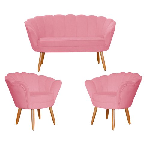 Conjunto Namoradeira Pétala de Flor + 2 Poltronas Pés Palito Suede Rosa