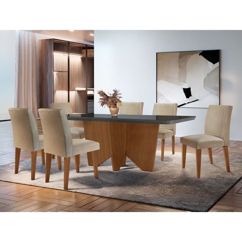 Sala de Jantar Mesa Evora 180 Mdf Vidro Canto Copo com 6 Cadeiras Grecia Rufato