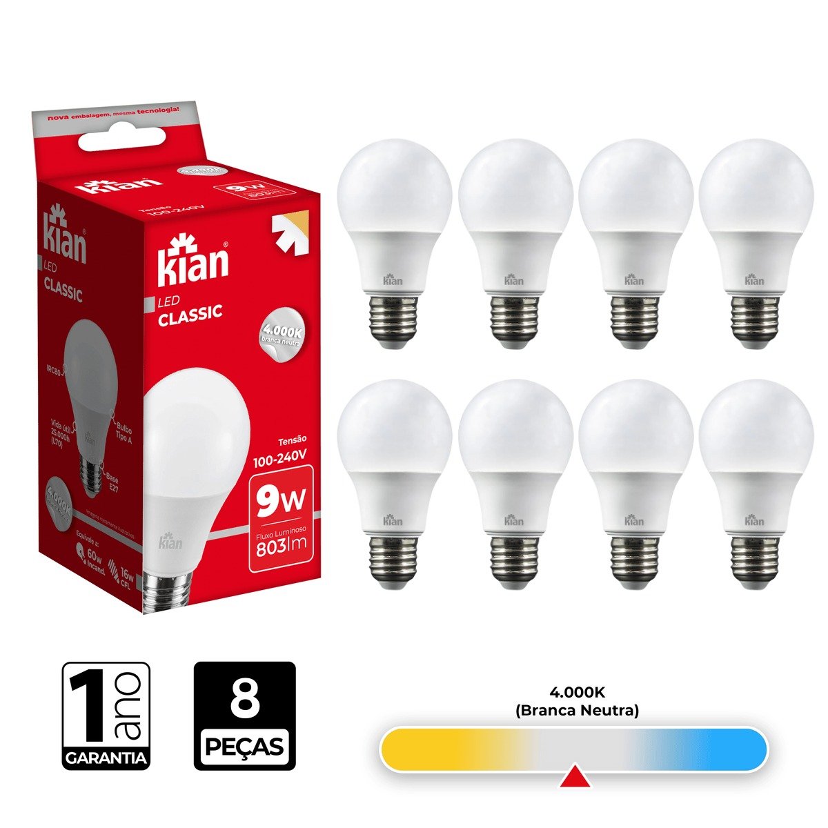 Lâmpada Led Bulbo Kian 9w 4000k Branca Neutra 8 Peças - 2