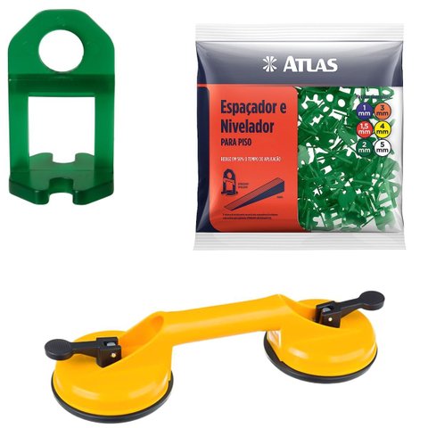 Ventosa Dupla para Vidro Gesso Mármore Metal Piso + Nivelador Verde para Pisos e Azulejos 2mm Pacote