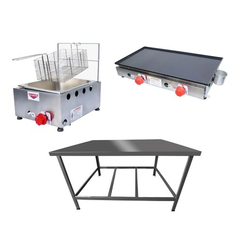 Kit Lanchonete Mesa de Manipulação 100x55cm + Fritadeira a Gás 1 Cuba + Chapa a Gás 60cm