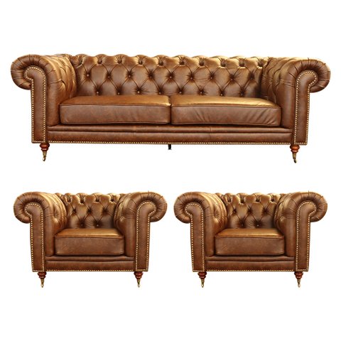 Conjunto Sofá e 2 Poltronas Chesterfield Duo Couro Tabaco - Gran Belo