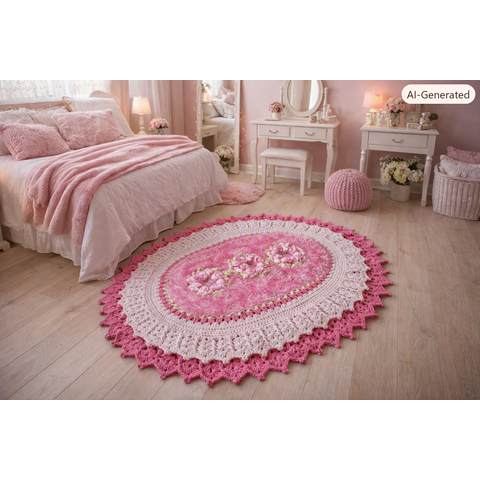 Tapete Crochê Artesanal Branco Flor Rosa 95x65 Quarto Sala