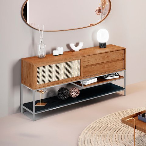 Buffet Aparador Sala de Jantar Agnes 2 Gavetas em Madeira Maciça Mel Metal Champagne