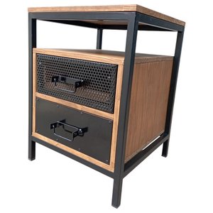 Mesa de Cabeceira de Madeira e Ferro - com 2 Gavetas e 1 Nicho Vazado - Cores Preto e Imbuia