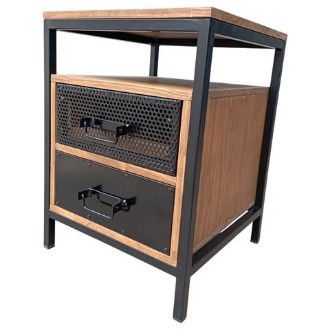 Mesa de Cabeceira de Madeira e Ferro - com 2 Gavetas e 1 Nicho Vazado - Cores Preto e Imbuia