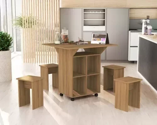 Mesa De Cozinha Dobrável 90cm Annie C/ Bancos e Rodizio 100% Mdf - Amendoa - 1